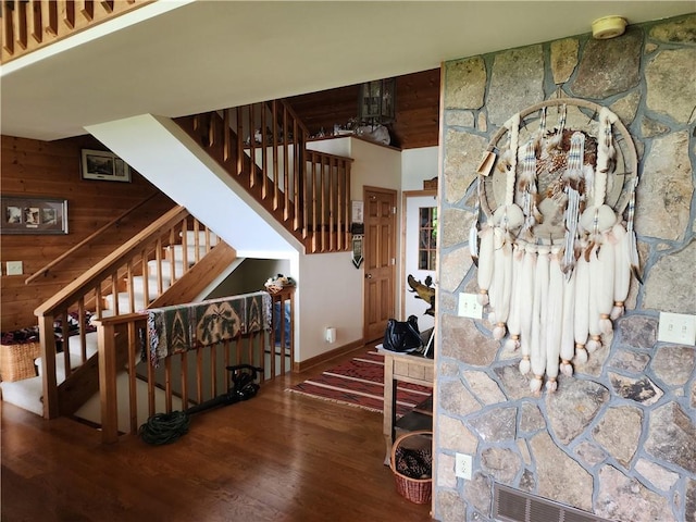 1115 Wild Turkey Blf, Jasper, GA 30143 - staircase with wood finished floors, wooden walls, and baseboards