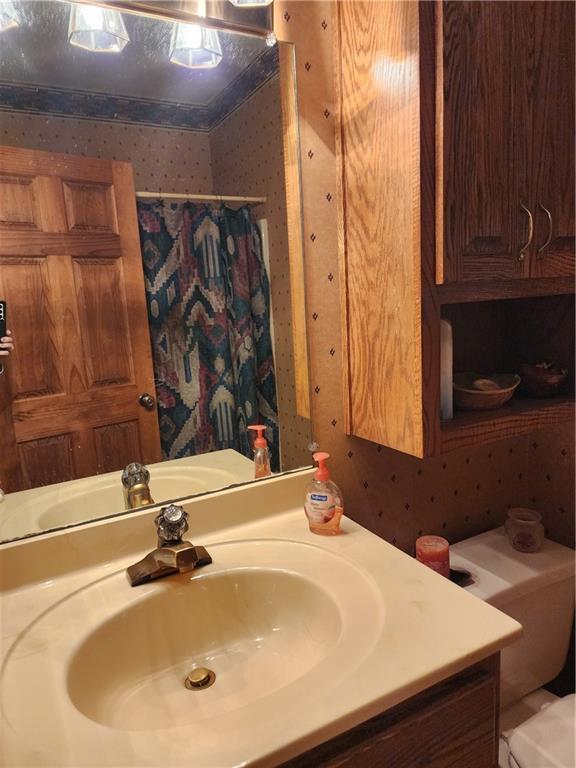 1115 Wild Turkey Blf, Jasper, GA 30143 - bathroom with wallpapered walls, vanity, toilet, and curtained shower