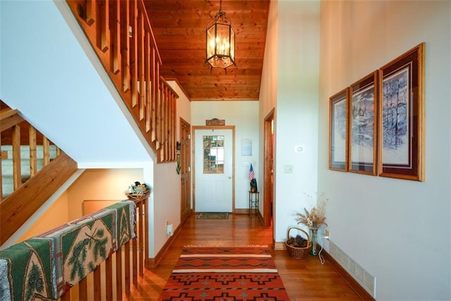 1115 Wild Turkey Blf, Jasper, GA 30143 - hall featuring wood finished floors, stairs, a chandelier, and wood ceiling