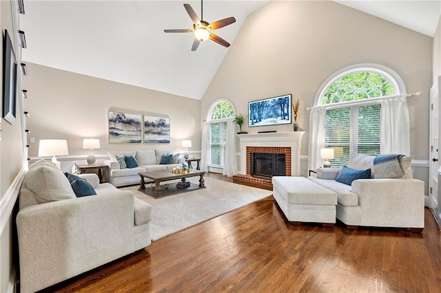 370 Fairleaf Ct, Alpharetta, GA 30022 - living area featuring high vaulted ceiling, ceiling fan, dark wood-style floors, and a fireplace