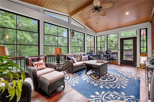 370 Fairleaf Ct, Alpharetta, GA 30022 - sunroom with ceiling fan, lofted ceiling, wood ceiling, outdoor lounge area, and wood-type flooring