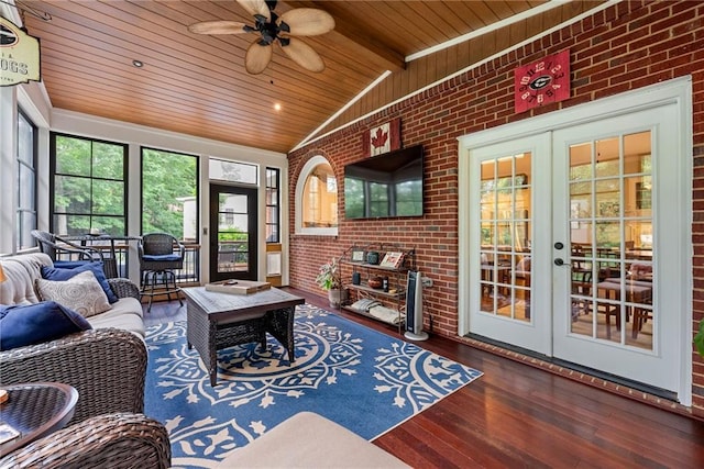 370 Fairleaf Ct, Alpharetta, GA 30022 - living area with wood ceiling, wood finished floors, a ceiling fan, brick wall, and french doors