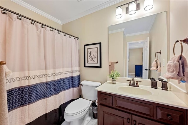 370 Fairleaf Ct, Alpharetta, GA 30022 - full bathroom featuring crown molding, toilet, vanity, and a shower with shower curtain