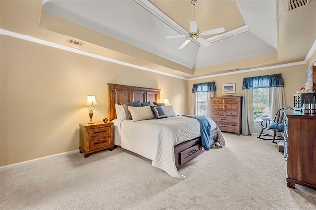 370 Fairleaf Ct, Alpharetta, GA 30022 - bedroom with a tray ceiling, light carpet, ornamental molding, baseboards, and a ceiling fan