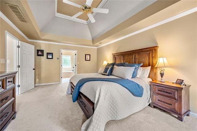 370 Fairleaf Ct, Alpharetta, GA 30022 - bedroom featuring light colored carpet, a raised ceiling, baseboards, ensuite bathroom, and a ceiling fan
