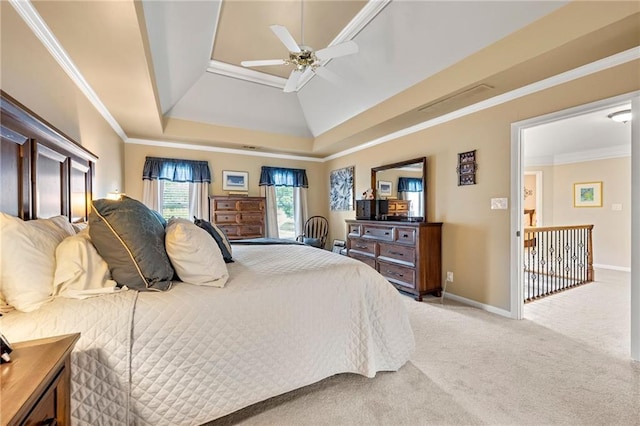 370 Fairleaf Ct, Alpharetta, GA 30022 - bedroom with a raised ceiling, light colored carpet, baseboards, crown molding, and a ceiling fan