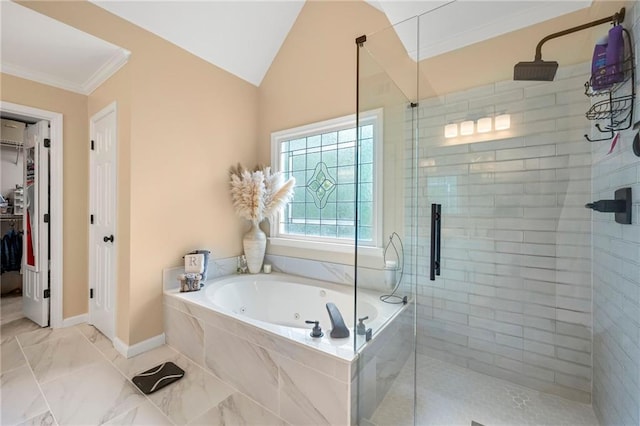 370 Fairleaf Ct, Alpharetta, GA 30022 - bathroom featuring a stall shower, a tub with jets, marble look tile flooring, baseboards, and a spacious closet