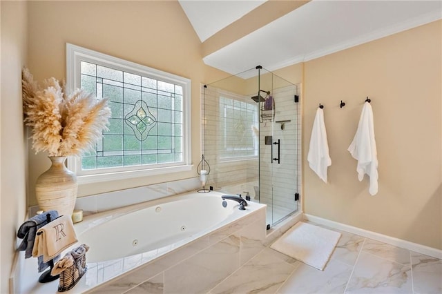 370 Fairleaf Ct, Alpharetta, GA 30022 - bathroom featuring marble look tiles, plenty of natural light, a stall shower, a tub with jets, and lofted ceiling
