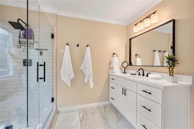 370 Fairleaf Ct, Alpharetta, GA 30022 - full bathroom with vanity, ornamental molding, marble look tiles, a shower stall, and baseboards