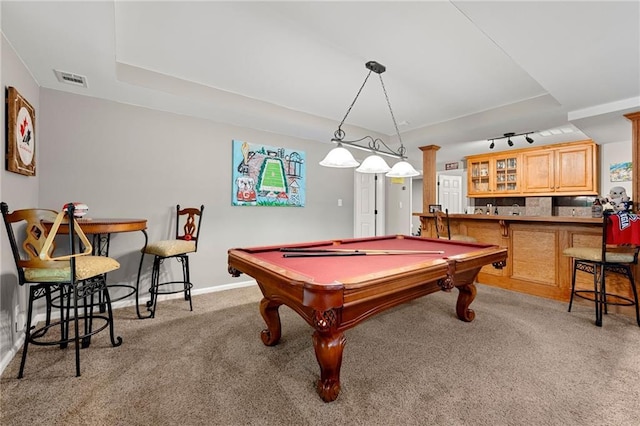 370 Fairleaf Ct, Alpharetta, GA 30022 - recreation room with light carpet, pool table, baseboards, and a raised ceiling