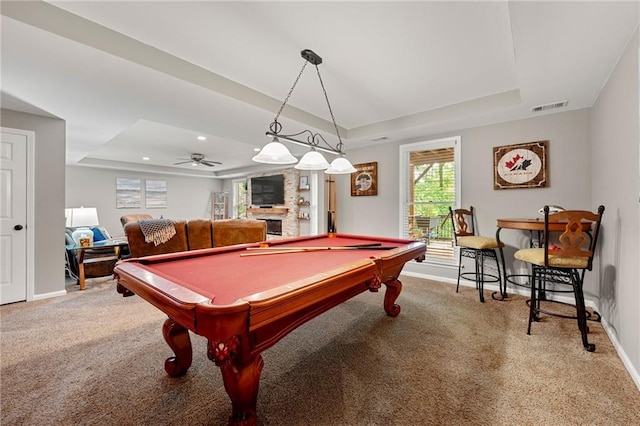 370 Fairleaf Ct, Alpharetta, GA 30022 - playroom with a tray ceiling, baseboards, carpet flooring, billiards, and recessed lighting