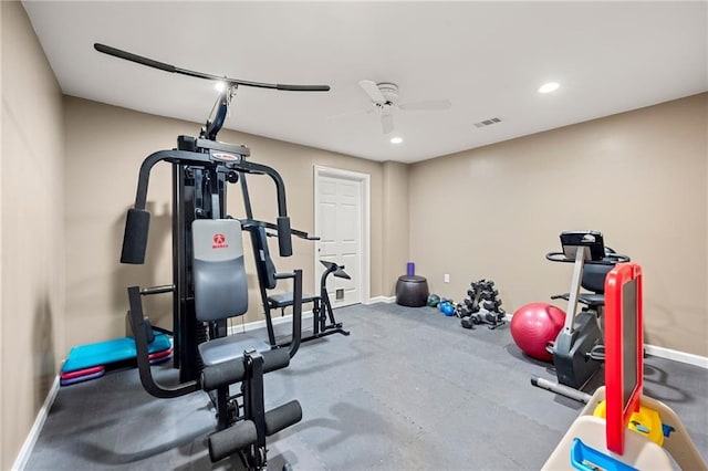 370 Fairleaf Ct, Alpharetta, GA 30022 - exercise area with ceiling fan, baseboards, and recessed lighting