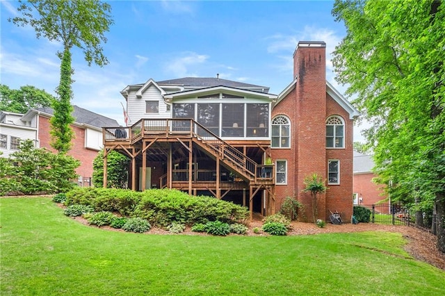 370 Fairleaf Ct, Alpharetta, GA 30022 - back of house with a sunroom, stairs, a chimney, a deck, and brick siding