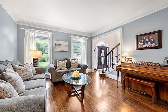 370 Fairleaf Ct, Alpharetta, GA 30022 - living area with ornamental molding, dark wood-style floors, stairway, and baseboards