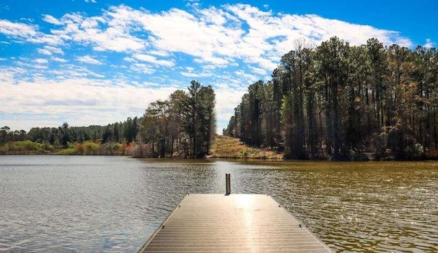 dock area featuring a water view and a wooded view