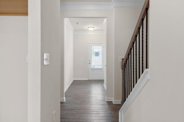 foyer featuring stairway, baseboards, dark wood-style flooring, and ornamental molding