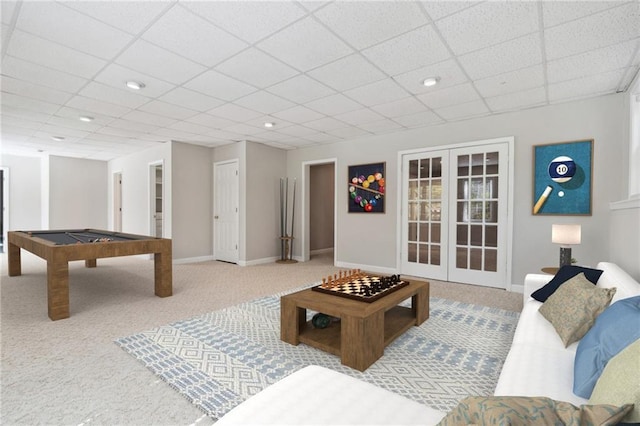 1755 Pinetree Pass Ln SW, Lilburn, GA 30047 - rec room with french doors, a paneled ceiling, pool table, and carpet floors