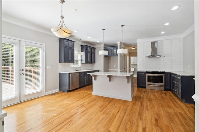 1755 Pinetree Pass Ln SW, Lilburn, GA 30047 - kitchen with wall chimney exhaust hood, a breakfast bar, stainless steel appliances, french doors, and backsplash