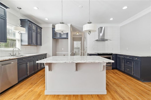 1755 Pinetree Pass Ln SW, Lilburn, GA 30047 - kitchen featuring tasteful backsplash, crown molding, wall chimney exhaust hood, appliances with stainless steel finishes, and a sink