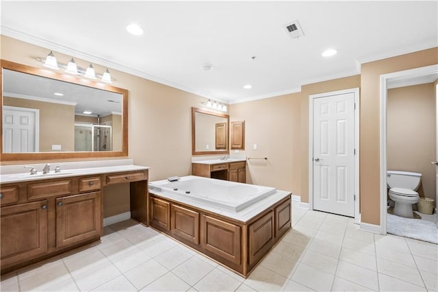 full bathroom featuring tile patterned flooring, vanity, toilet, and ornamental molding