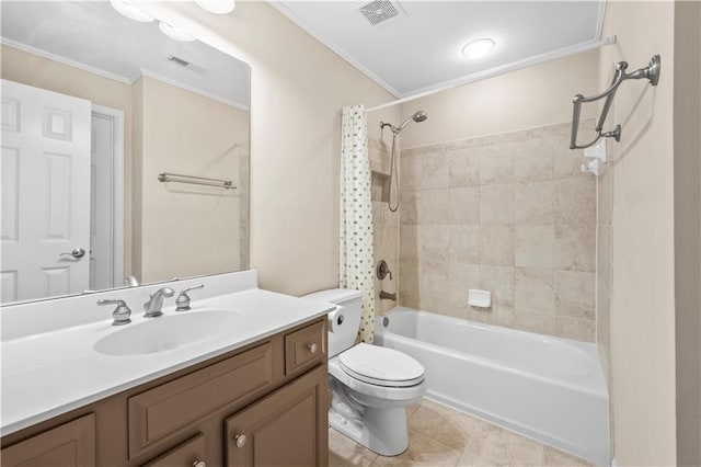 full bathroom with toilet, vanity, ornamental molding, and tiled shower / bath