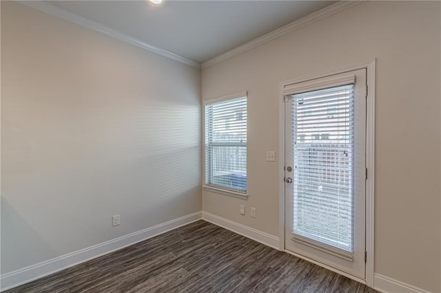 doorway to outside with crown molding and dark wood-type flooring