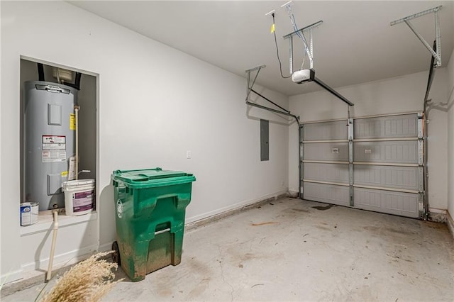 garage featuring a garage door opener, electric panel, and electric water heater