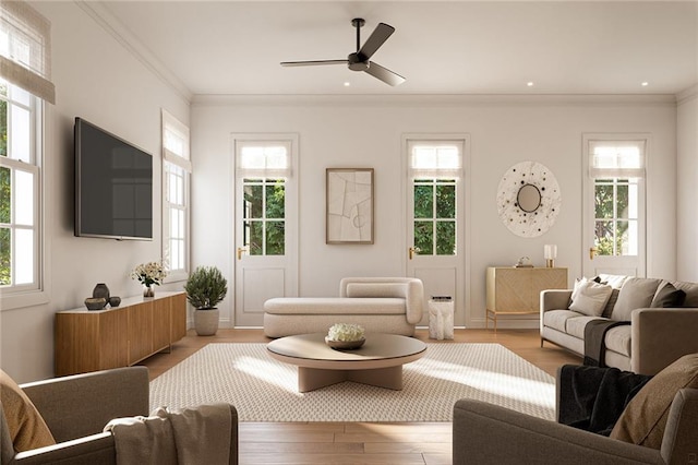 living room featuring ornamental molding, light hardwood / wood-style floors, and ceiling fan