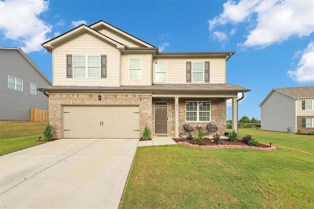 craftsman inspired home featuring a garage and a front yard