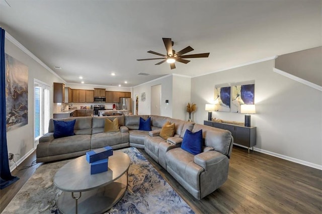 living room featuring crown molding, ceiling fan, and dark hardwood / wood-style floors