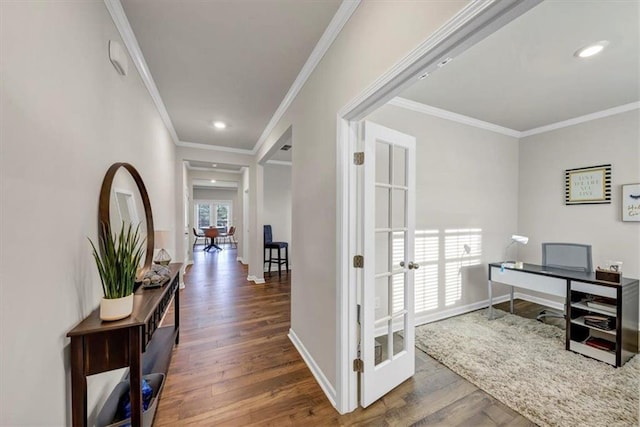 office area featuring crown molding, dark wood-type flooring, and french doors