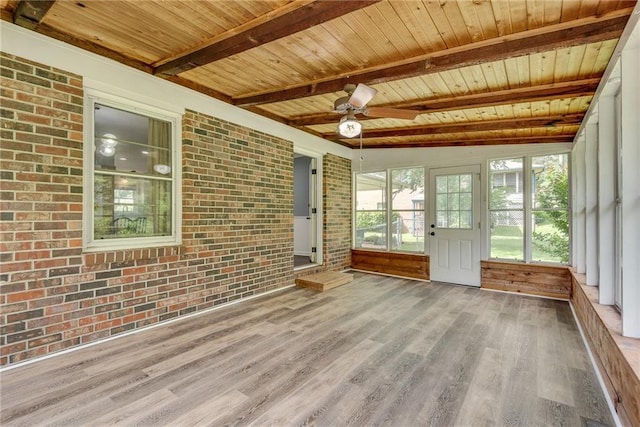2653 Elkhart Cir SW, Marietta, GA 30064 - unfurnished sunroom with brick wall, wooden ceiling, wood finished floors, ceiling fan, and beam ceiling