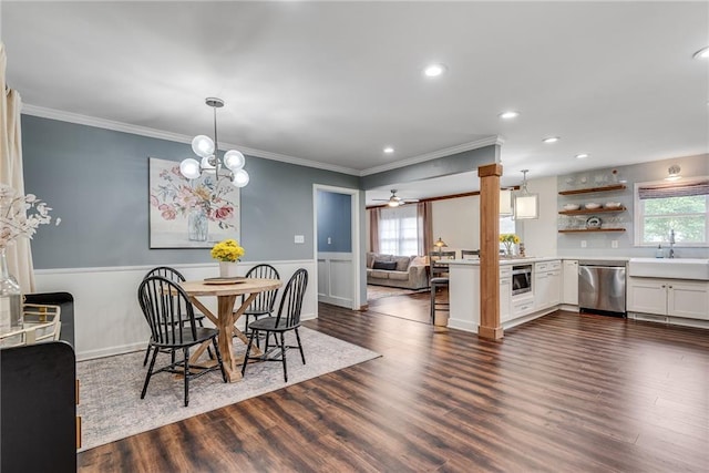 2653 Elkhart Cir SW, Marietta, GA 30064 - dining room with plenty of natural light, ornamental molding, a wainscoted wall, dark wood-style floors, and recessed lighting