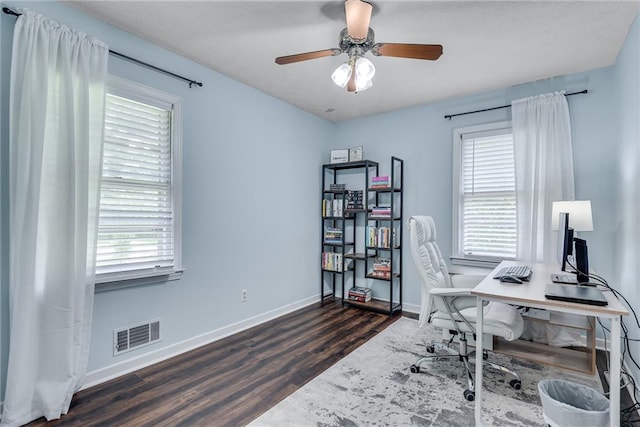 2653 Elkhart Cir SW, Marietta, GA 30064 - home office featuring dark wood-style floors, plenty of natural light, baseboards, and ceiling fan