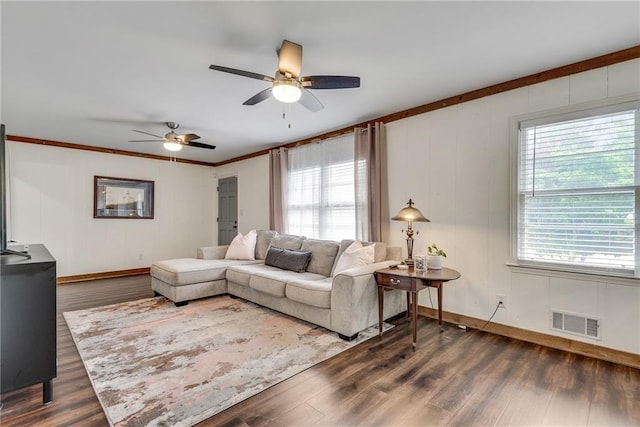 2653 Elkhart Cir SW, Marietta, GA 30064 - living room featuring baseboards, a ceiling fan, dark wood-style floors, and ornamental molding