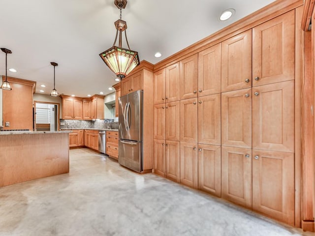 3771 Club Dr NW, Kennesaw, GA 30144 - kitchen featuring stainless steel appliances, recessed lighting, decorative backsplash, light stone countertops, and pendant lighting