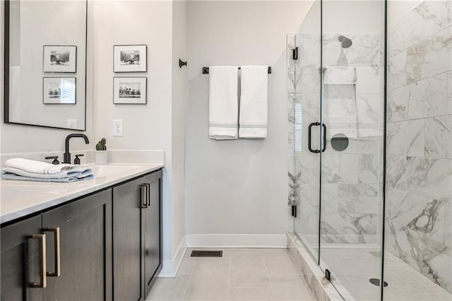 full bathroom featuring a shower stall, visible vents, baseboards, and vanity