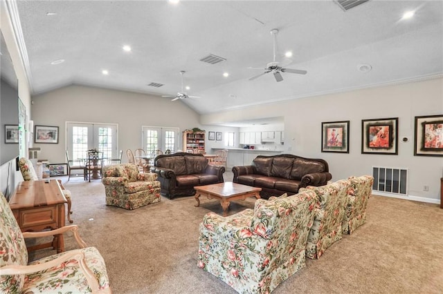 1303 Wingate Way, Atlanta, GA 30350 - living area featuring carpet floors, vaulted ceiling, ceiling fan, french doors, and recessed lighting