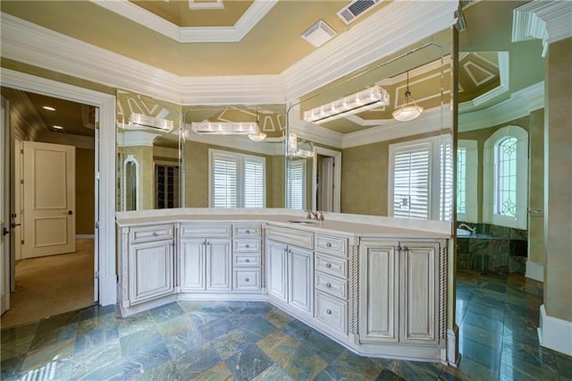 bathroom with vanity and ornamental molding