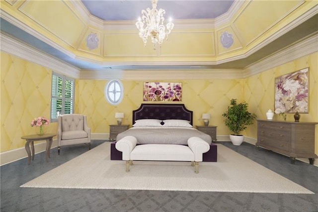 bedroom with crown molding and a chandelier