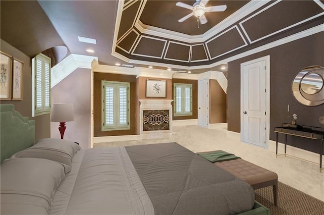 carpeted bedroom featuring a high end fireplace and crown molding