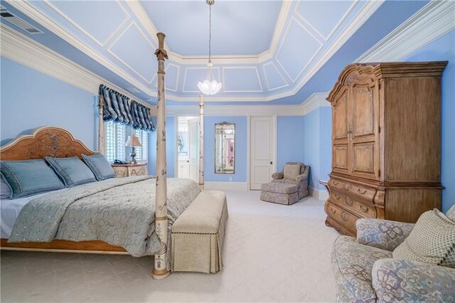 carpeted bedroom with a raised ceiling, an inviting chandelier, and ornamental molding