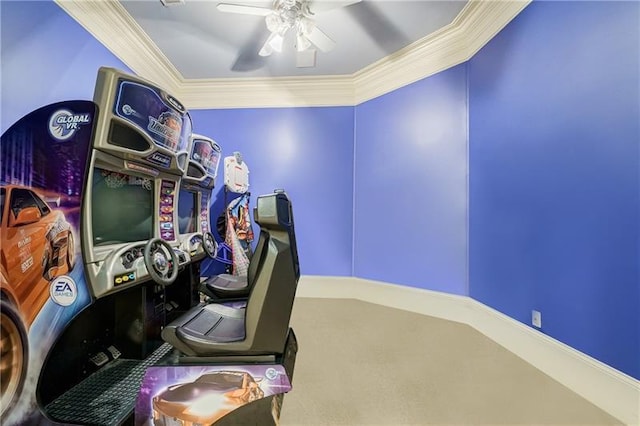 office area featuring ceiling fan and ornamental molding