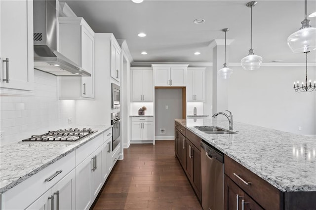 1858 Glenview Park Cir, Duluth, GA 30097 - kitchen with stainless steel appliances, wall chimney exhaust hood, white cabinetry, dark wood-style floors, and backsplash
