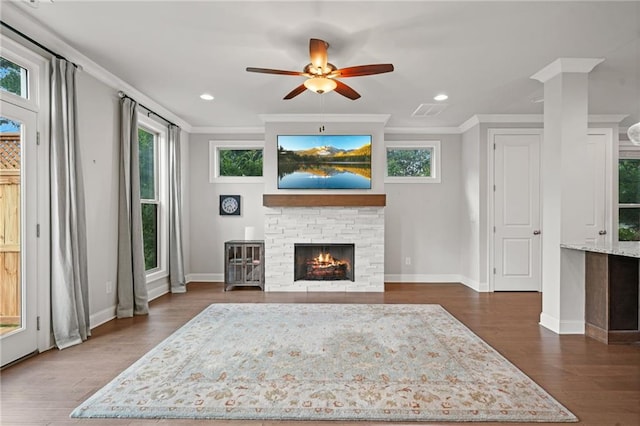 1858 Glenview Park Cir, Duluth, GA 30097 - unfurnished living room featuring a fireplace, ornamental molding, a ceiling fan, dark wood-style flooring, and recessed lighting