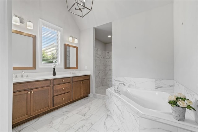 1858 Glenview Park Cir, Duluth, GA 30097 - full bathroom with a bath, marble finish flooring, double vanity, a marble finish shower, and a chandelier