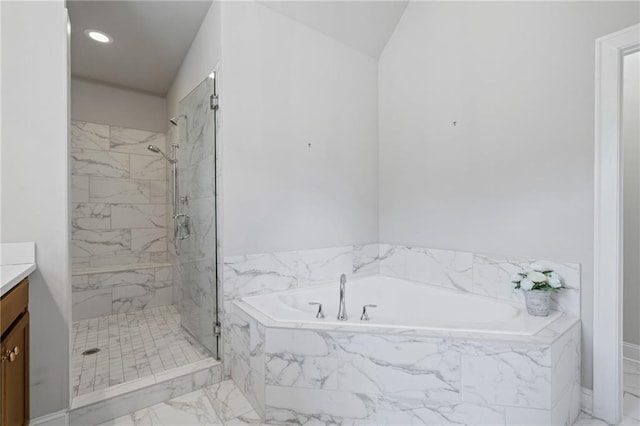 1858 Glenview Park Cir, Duluth, GA 30097 - full bath featuring vanity, a bath, a marble finish shower, and marble look tile flooring