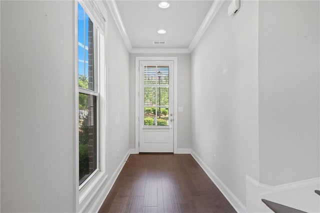 1858 Glenview Park Cir, Duluth, GA 30097 - doorway to outside with dark wood finished floors, ornamental molding, and recessed lighting