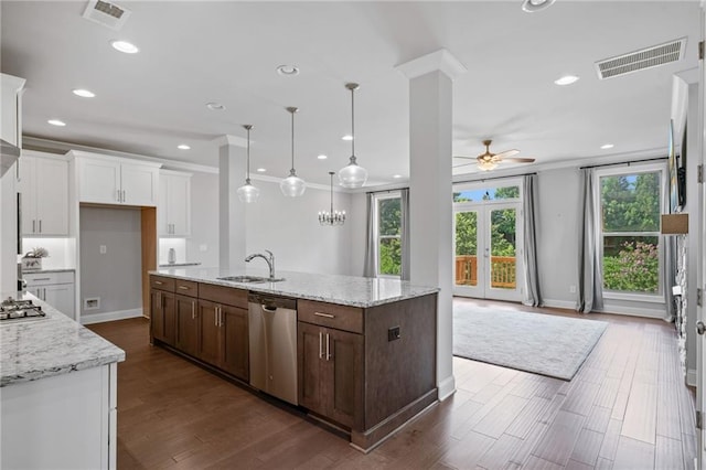 1858 Glenview Park Cir, Duluth, GA 30097 - kitchen featuring stainless steel appliances, ceiling fan, a kitchen island with sink, white cabinetry, and recessed lighting