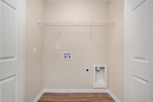 laundry room featuring baseboards, washer hookup, dark wood-style floors, and hookup for an electric dryer